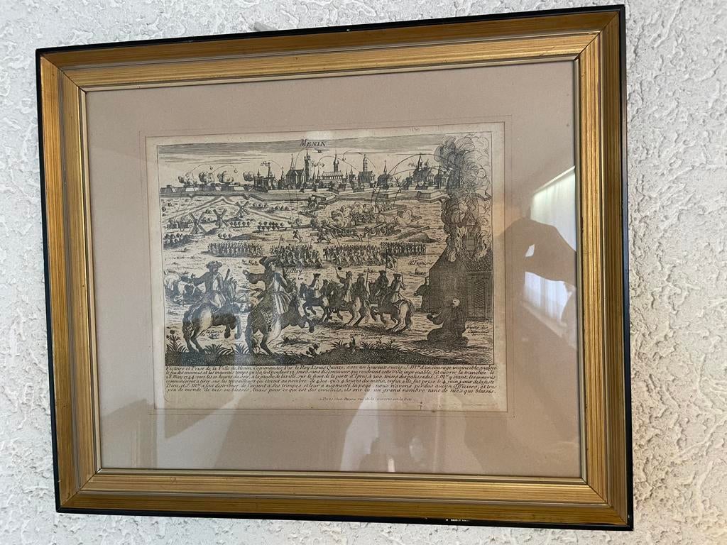 litho Slag vMenen 28/5/1744 onder Louis XV (21), Antiek en Kunst, Ophalen, Ingelijst, Militair, 45 cm