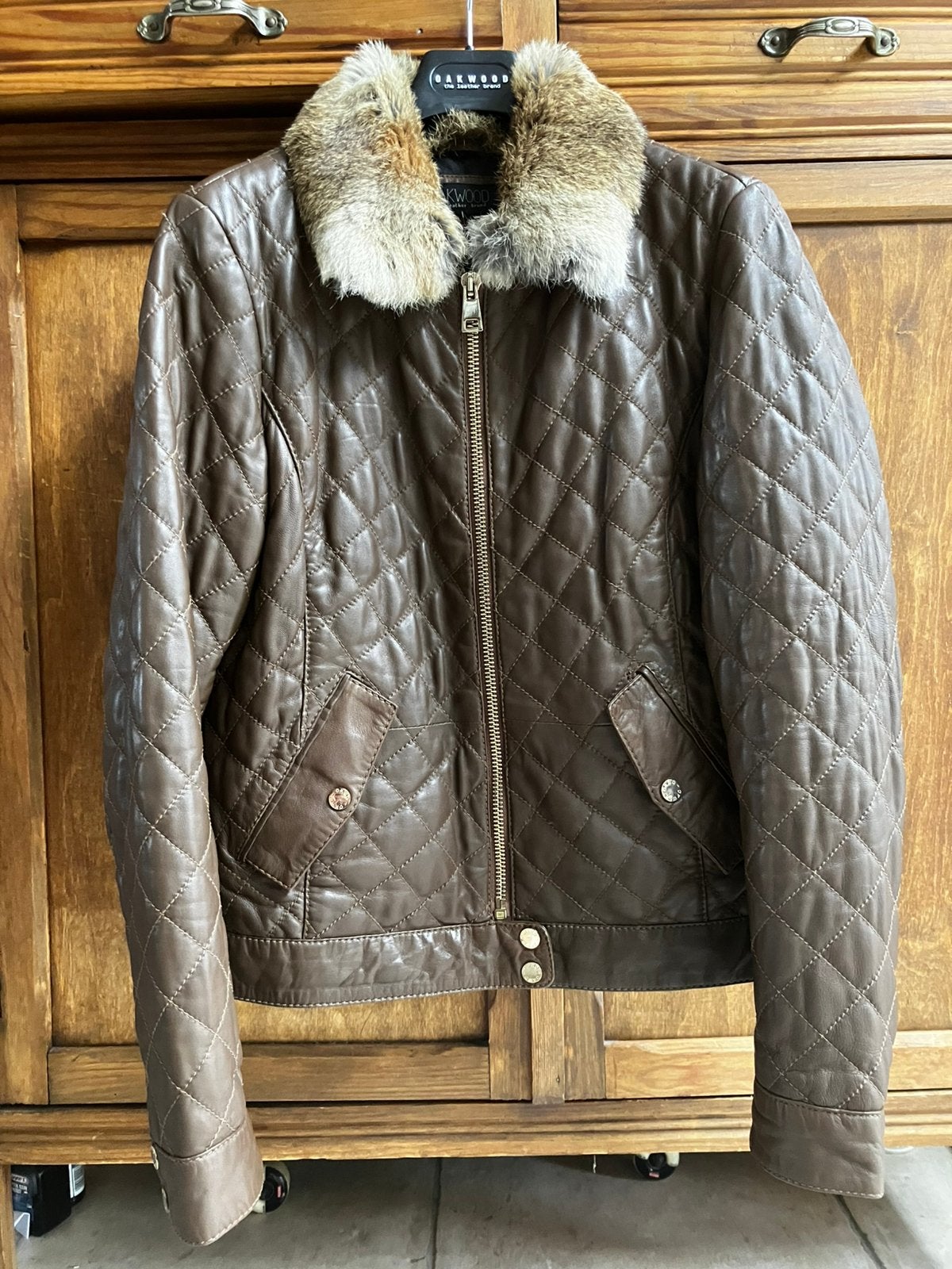 Oakwood maat L bruine leren jas met echte konijnenpels, Kleding | Dames, Ophalen of Verzenden, Zo goed als nieuw, Maat 42/44 (L)