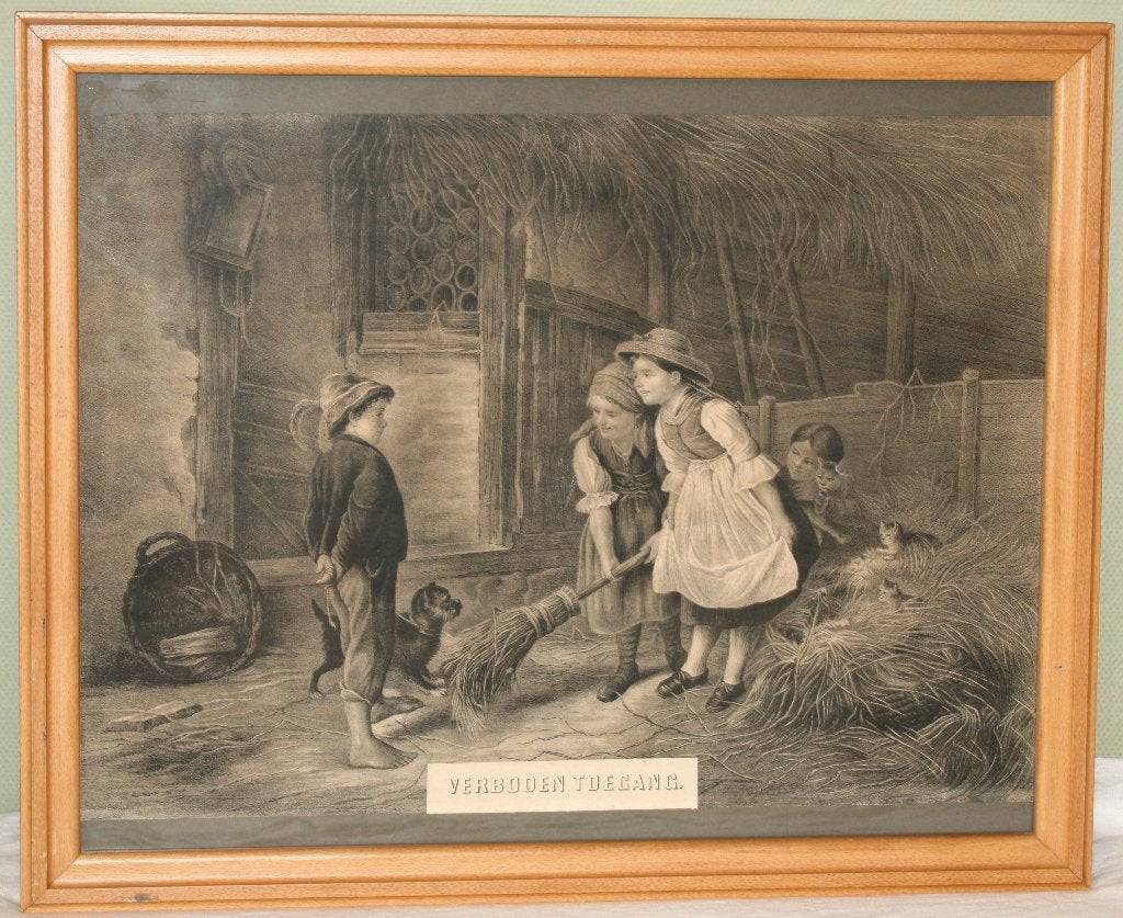 Verboden toegang Antieke prent, Antiek en Kunst, Met glas, Ophalen of Verzenden