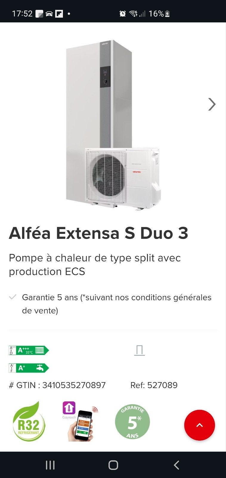 pompe à chaleur atlantic neuve. 3.35kw, Enlèvement