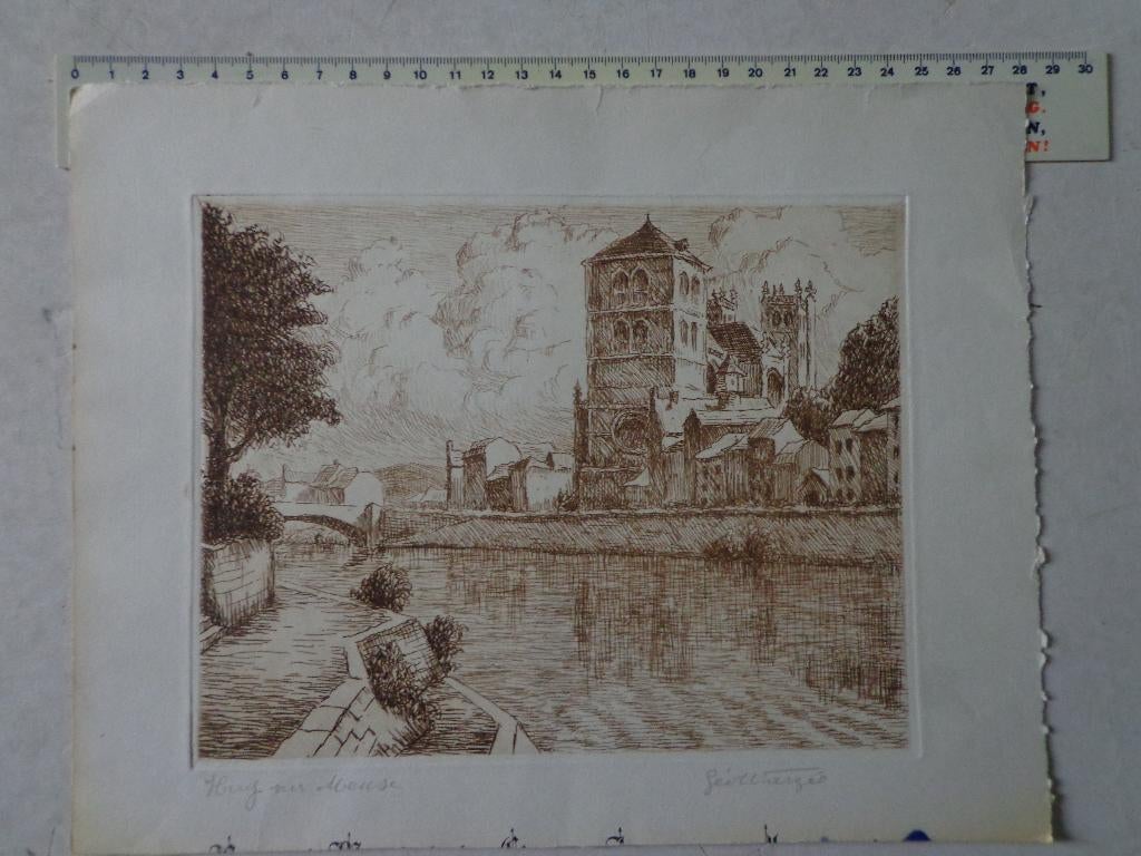 ets van Geo Warzée in bister "Huy sur Meuse", Antiek en Kunst, Kunst | Etsen en Gravures, Ophalen of Verzenden