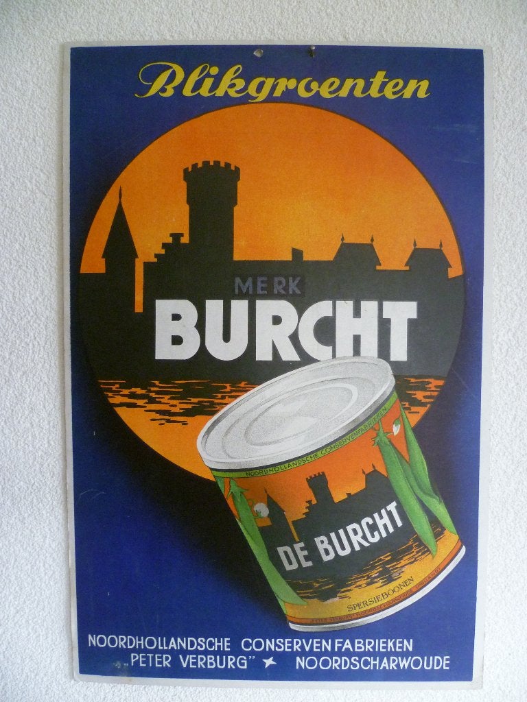 KARTONNEN RECLAME BORD"BURCHT BLIKGROENTEN"UIT JAREN 50/60, Ophalen of Verzenden, Zo goed als nieuw, Reclamebord