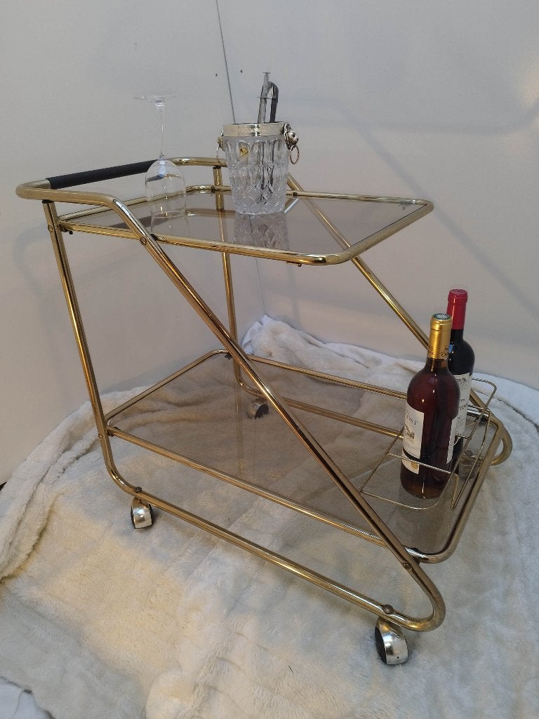 dessertes vintage Servante à roulettes + plateaux en verre, Maison & Meubles, Enlèvement, Utilisé, Verre