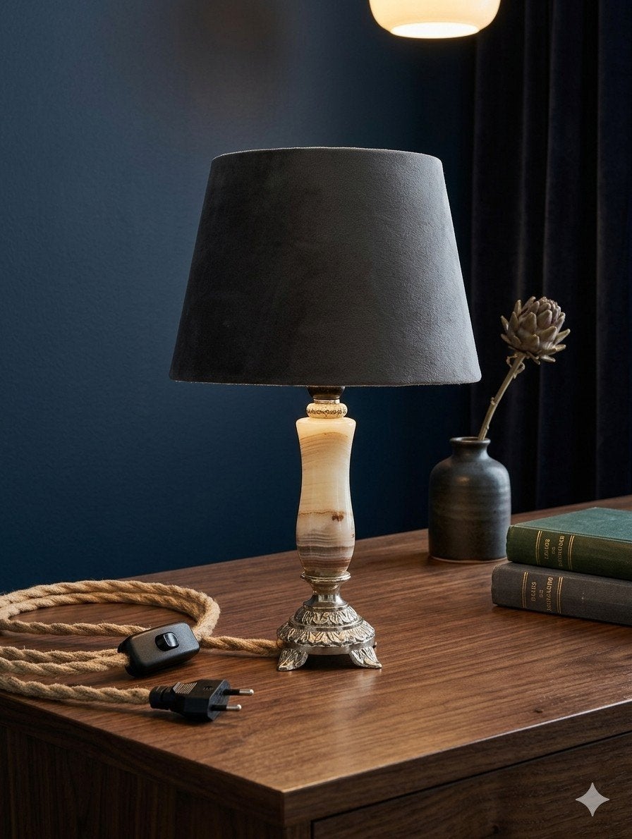 Lampe de chevet bronze onyx abat jour anthracite velours, Enlèvement ou Envoi