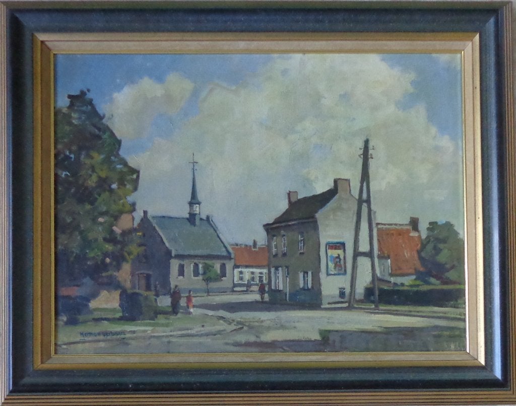 HERMAN VERBAERE / DORPSZICHT / OLIEVERF DOEK / 59x75cm KADER, Antiquités & Art, Enlèvement, Signé, Peinture à l'huile, Toile