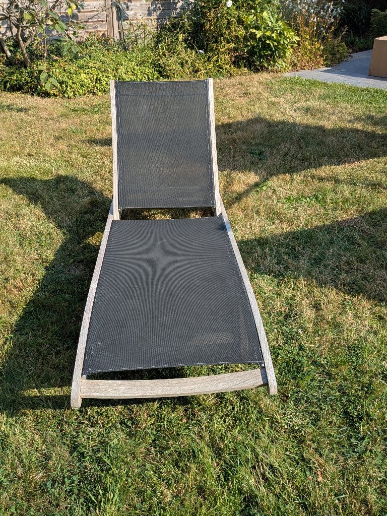 Ligstoel in teak en textileen, Tuin en Terras, Ophalen, Gebruikt, Teakhout, Verstelbaar