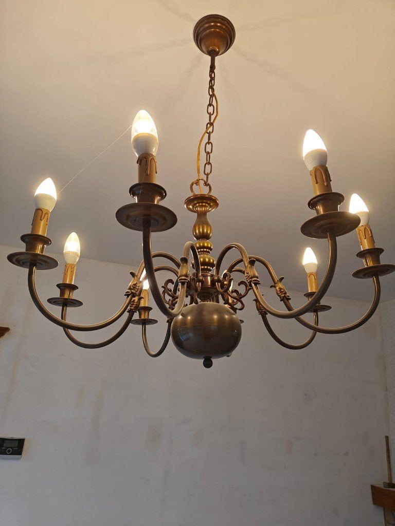 Lustre flamand en cuivre - 8 bras - massif - années 70, Enlèvement