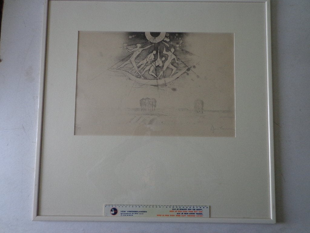 KOOPJE ets van René Carcan Vier personen in een boot, Antiek en Kunst, Ophalen, Ets, Ingelijst, 1950 - 1999
