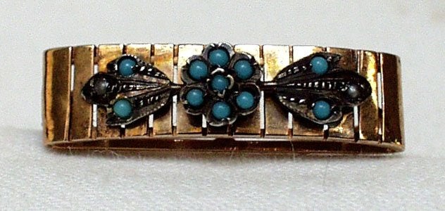 Juweel goud broche turkoois pareltjes antiek., Ophalen of Verzenden, Goud, Broche, Met edelsteen