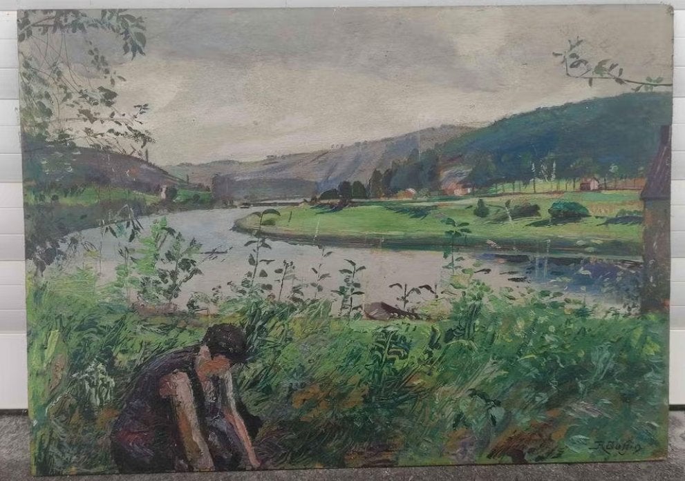 huile sur panneau signe r bufjin, Antiquités & Art, Enlèvement ou Envoi, Panneau