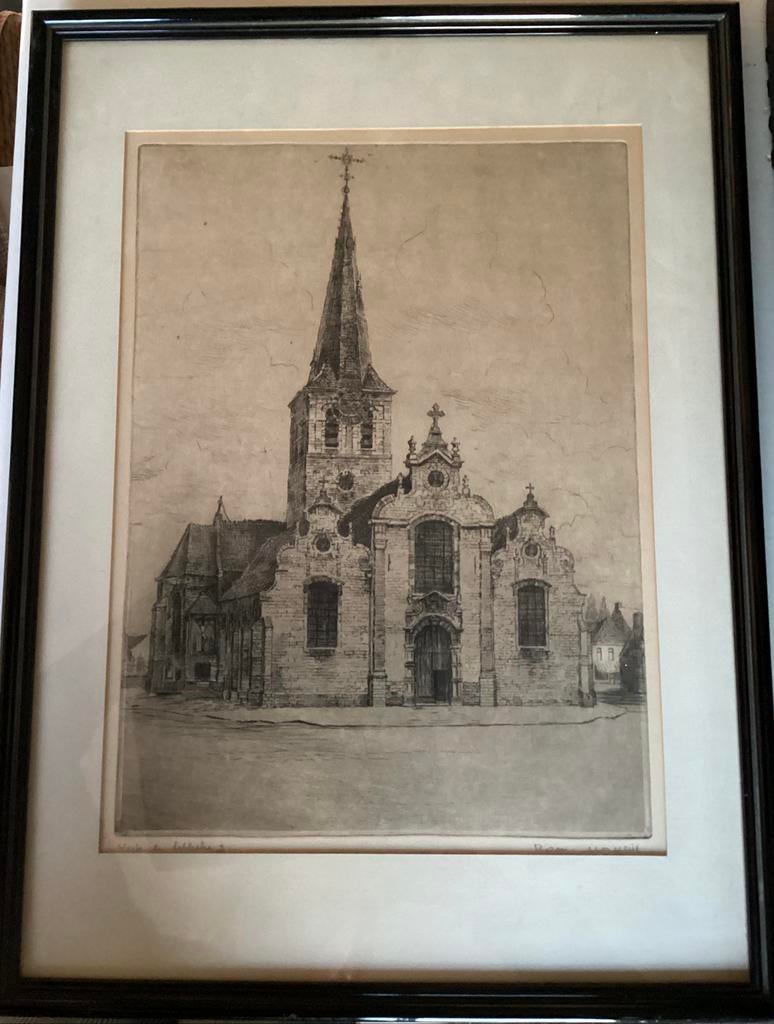 Gravure signée Church v Lebbeke Romain Malfliet, Enlèvement ou Envoi, Eau-forte