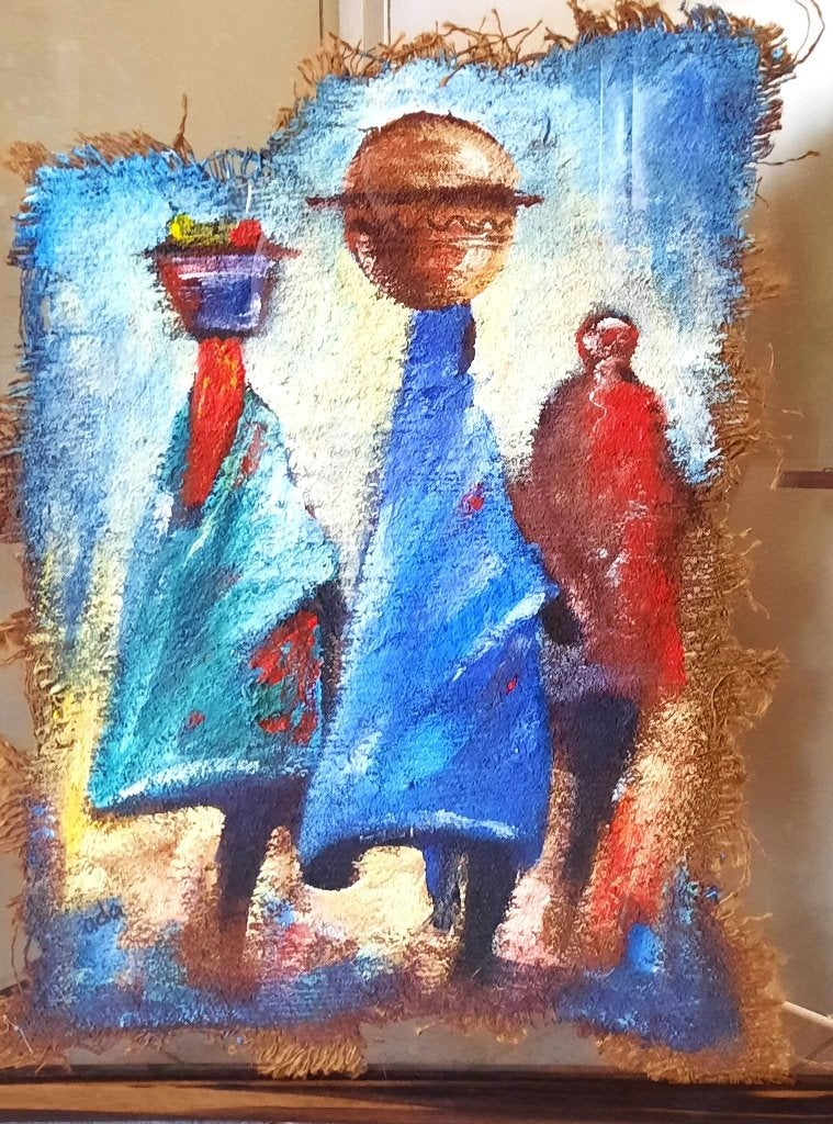 Olie schilderij op hennep van (ada) met unieke glazen lijst, Antiquités & Art, Enlèvement ou Envoi, Autres matériaux, Peinture à l'huile