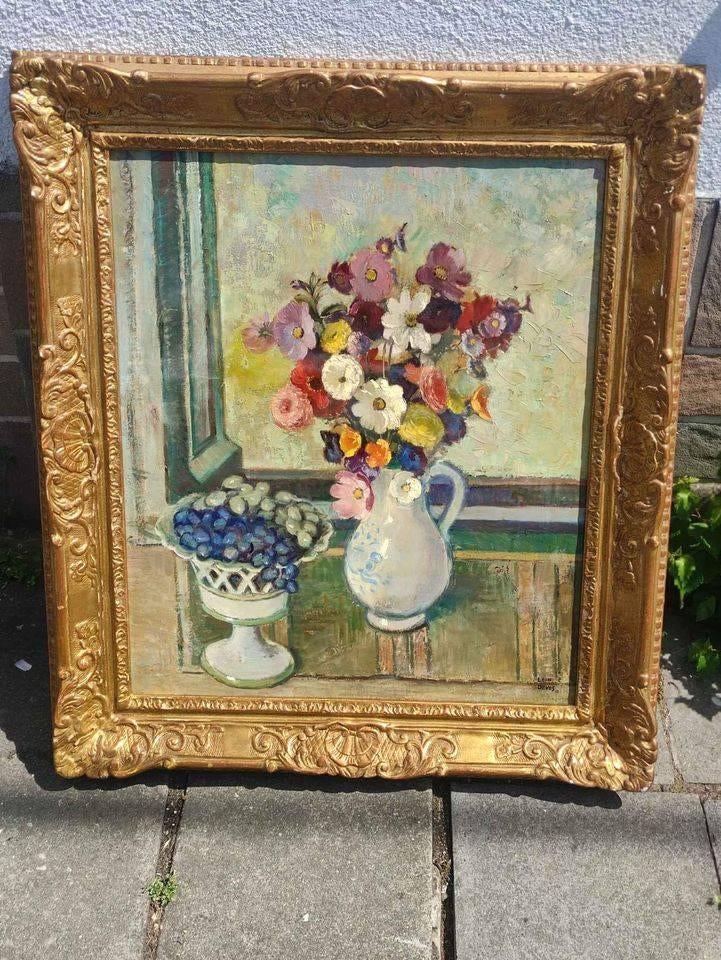 Huile sur toile fleurs signe Léon devos, Antiquités & Art, Enlèvement ou Envoi
