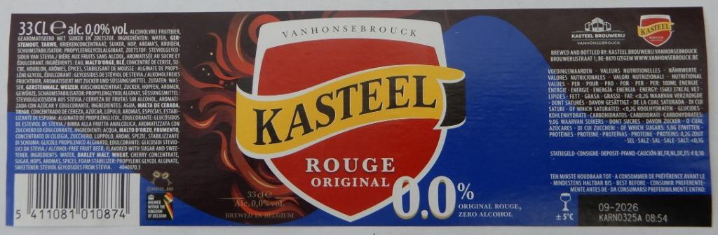 Bieretiket Kasteelbier Rouge 0.0% Br. Vanhonsebrouck (11b4), Verzamelen, Verzenden, Gebruikt