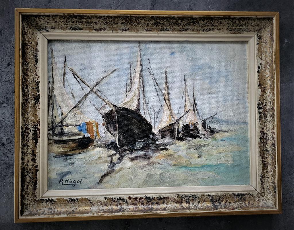 Schilderij „Vissersboten op het zand” van Hügel, Antiek en Kunst, Verzenden