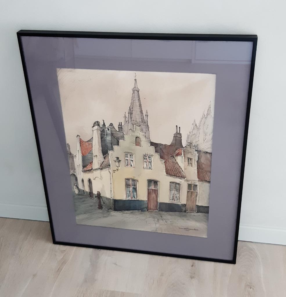 Schilderij van Maurits Dousselaere Walstraat 16 Brugge -1977, Antiquités & Art, Art | Peinture | Classique, Enlèvement