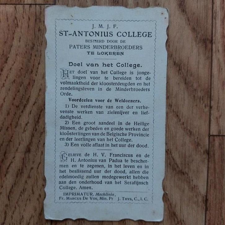 Bidprentje Lokeren: College  St. Antonius, Verzamelen, Bidprentjes en Rouwkaarten, Ophalen of Verzenden, Bidprentje