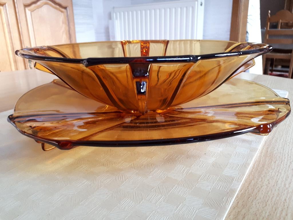 Vintage fruitschaal amberkleurig glas, Antiek en Kunst, Ophalen
