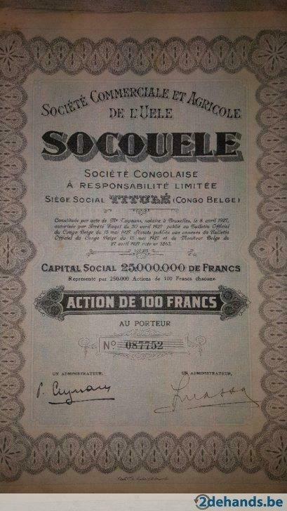 Societe Commerciale Et Agricole De L'uele Action De 100 Fran, Ophalen of Verzenden