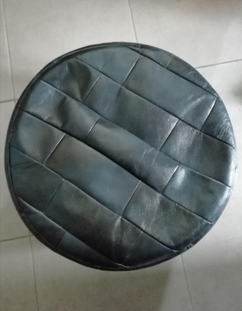 Vintage lederen poef met patchwork motief, Ophalen, Zo goed als nieuw