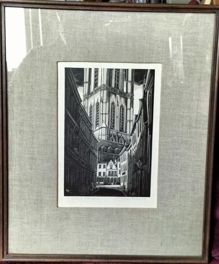 Au pied de la cathédrale, houtsnede Paul Eeckhout, Antiek en Kunst, Kunst | Etsen en Gravures, Ophalen of Verzenden