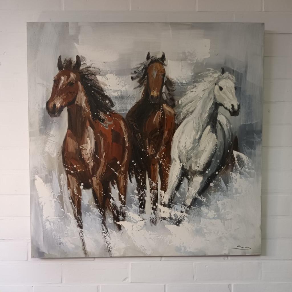 Olieverf op doek schilderij met paarden 100x100cm, Enlèvement