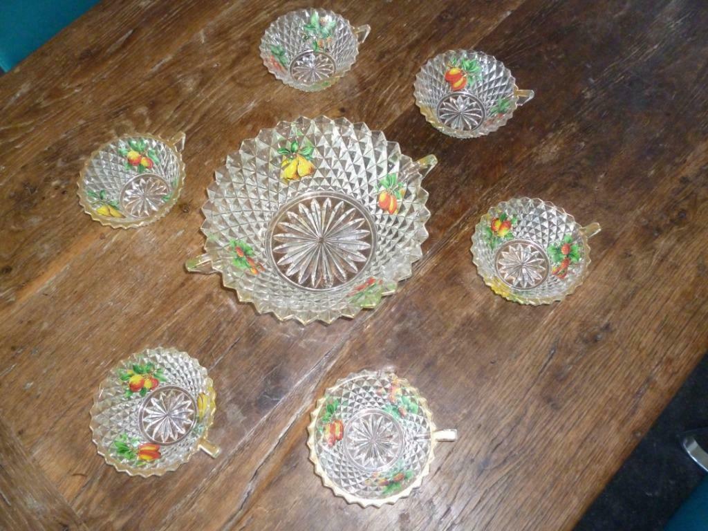 Vintage fruitschaal set in glas schaal en kommetjes fruitset, Ophalen of Verzenden