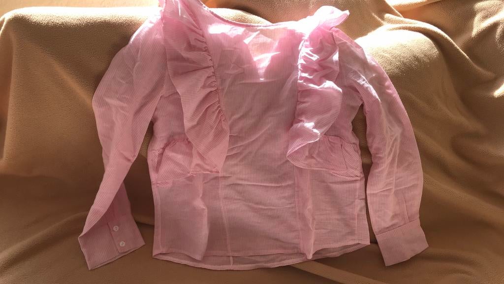 Chemisier rose rayé blanc à volants S/M viscose, Comme neuf