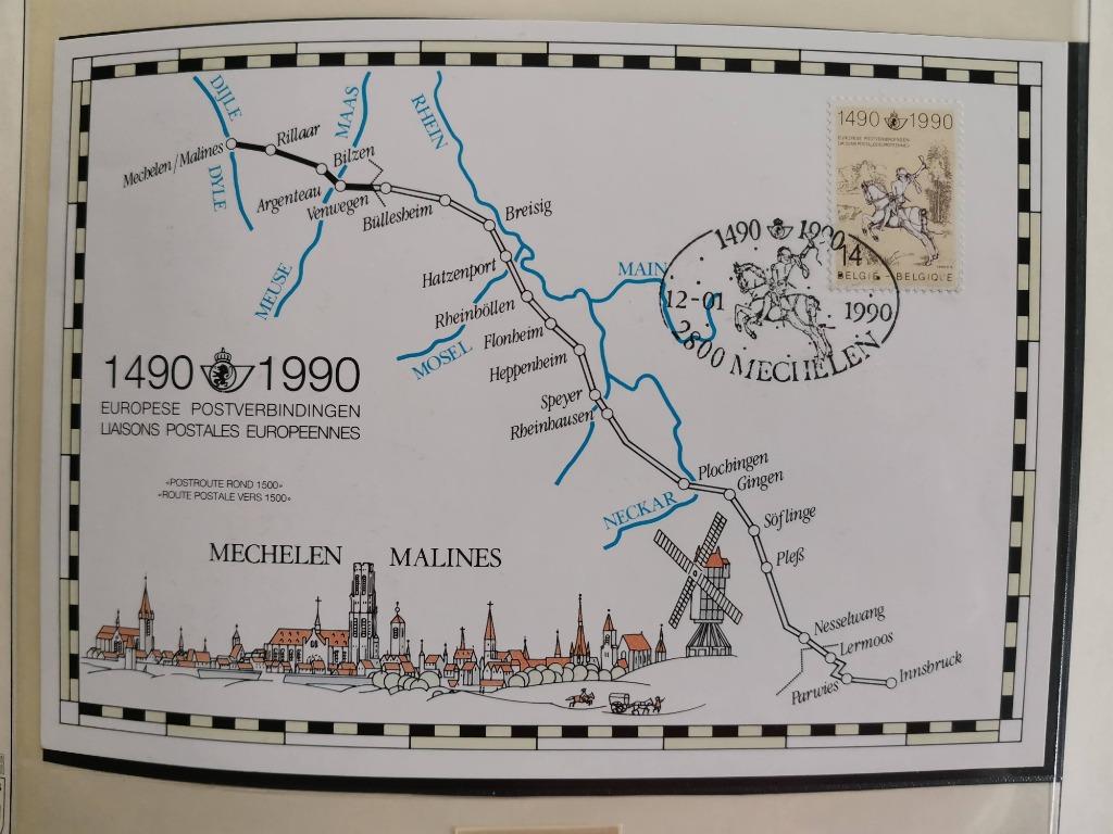 Belgie 1990 - kaart eerste postverbinding Mechelen-Innsbruck, Kunst, Ophalen of Verzenden, Gestempeld, 1e dag stempel