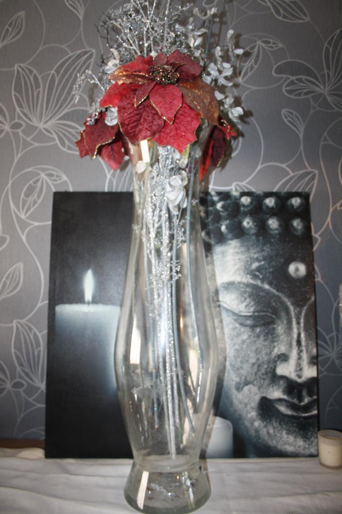grote vaas met 12 decoratieve stoffen bloemen, Ophalen, Gebruikt, Glas