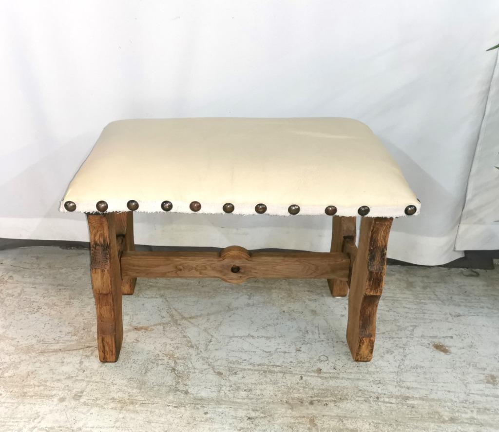 Banc de ferme ancien en chêne lessivé avec revêtement en cui, Enlèvement