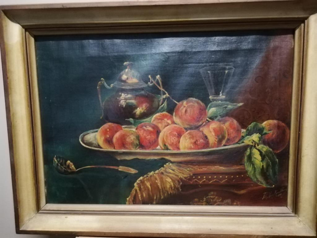 * M Van Kerckhove: schilderij: Vruchtenschaal, stilleven, Ophalen of Verzenden