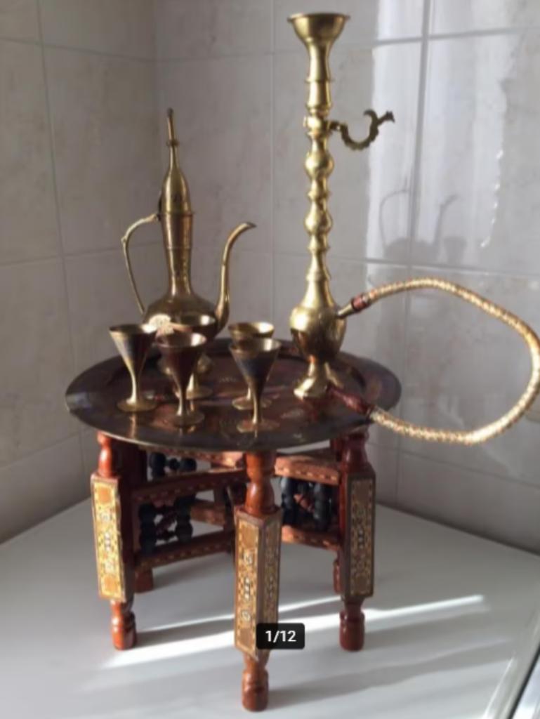 Houten theetafeltje (opplooibaar) met toebehoren, Antiek en Kunst, Ophalen of Verzenden