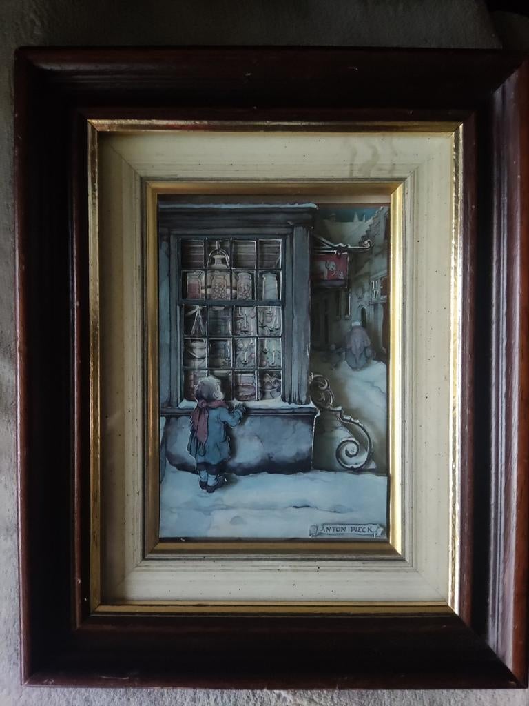 Anton Pieck - kersttafereel met kindje aan de bakkerij, Antiek en Kunst, Ophalen of Verzenden