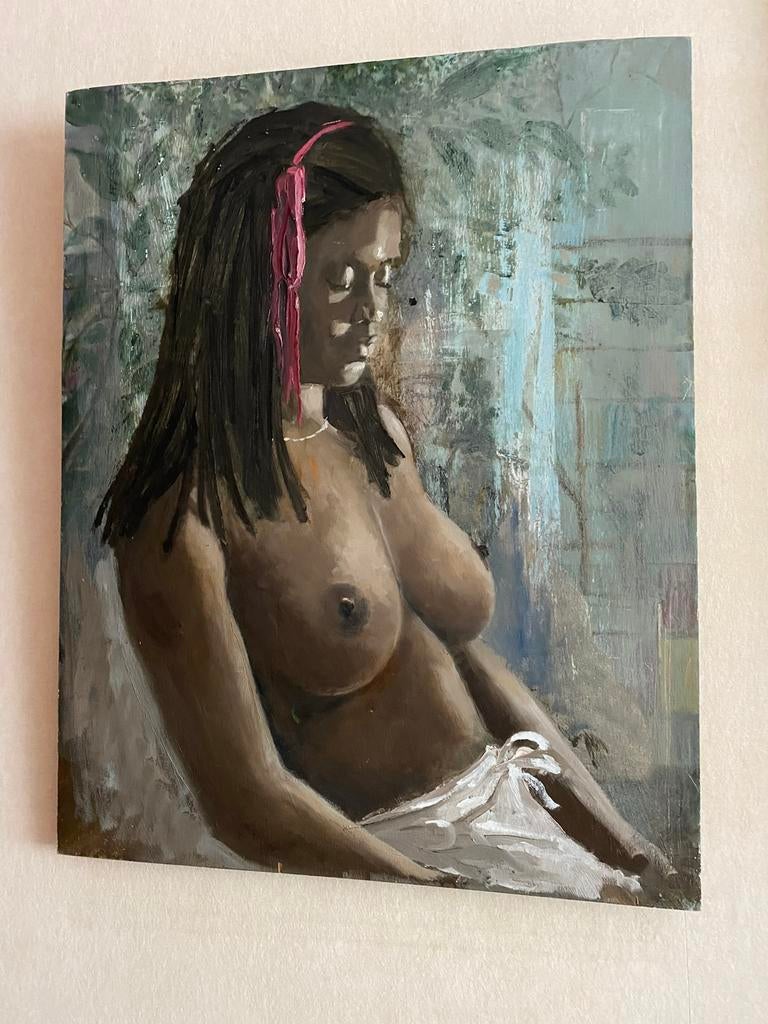 Schilderij op hout „rustende vrouw”, Antiek en Kunst, Ophalen of Verzenden