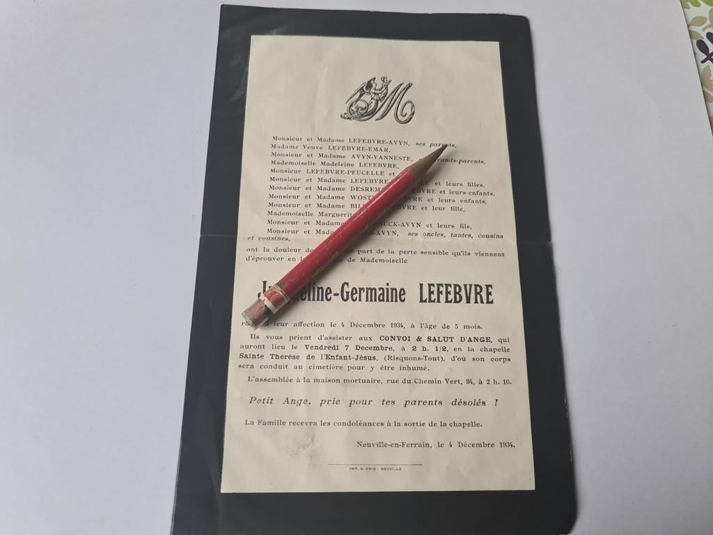 Lettre de deuil Jacqueline Germaine Lefebvre 1934, 5 mois, Enlèvement ou Envoi