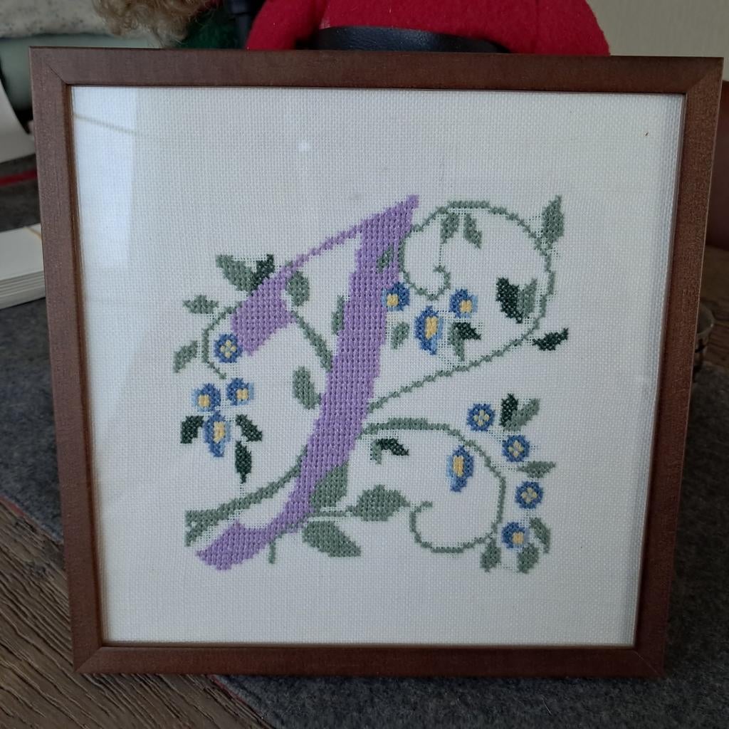 Kader met  " Letter J " in kruisjessteek ., Ophalen of Verzenden