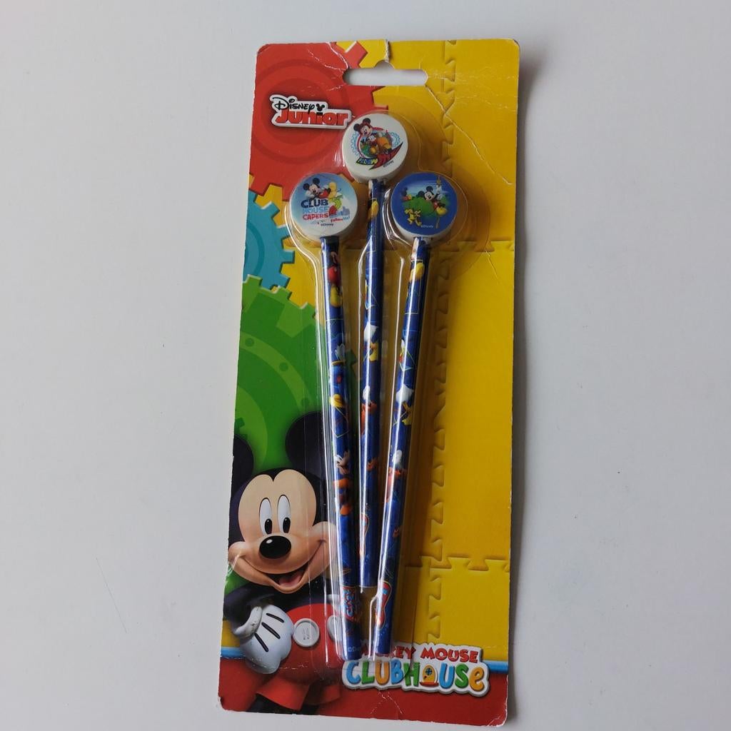3 potloden met elk een Mickey Mouse dopje op. (gom?)., Ophalen, Mickey Mouse, Nieuw, Pen, Potlood of Stift