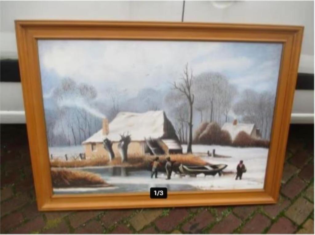 Mooi Oud Geschilderd Werk 'Bevroren Vijver' - Van de Perre, Ophalen