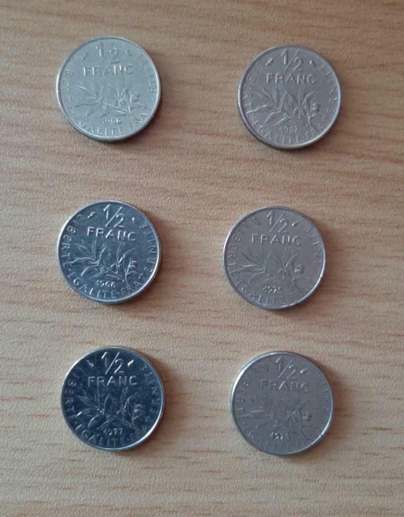 6 munten 1/2 franc zaaier 1966,67,68,73,77 en 78 Frankrijk, Ophalen of Verzenden, Frankrijk, Setje