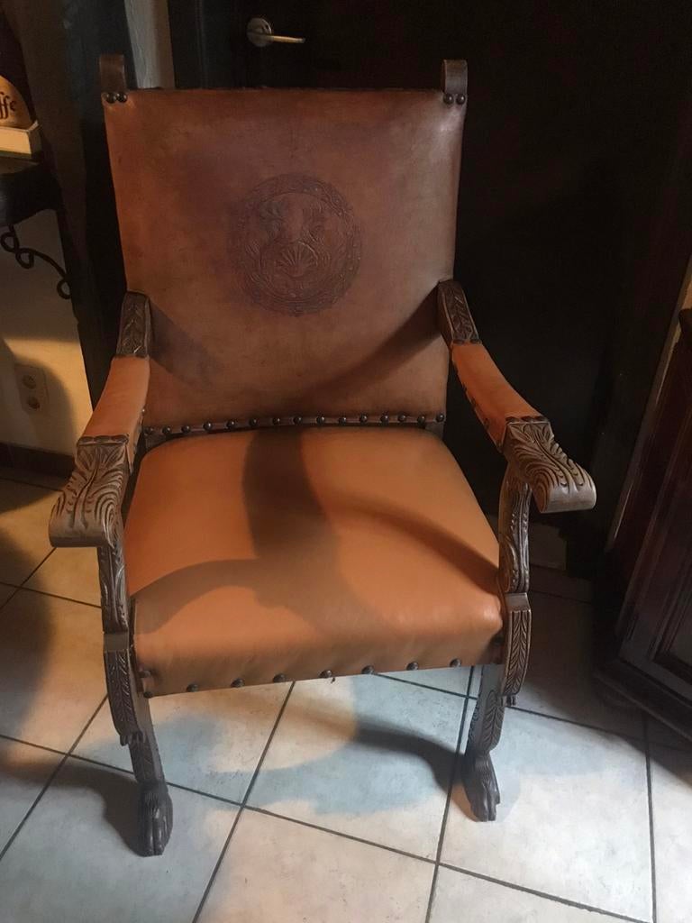 Antieke kasteel lederen zetel 18e eeuw, Ophalen of Verzenden