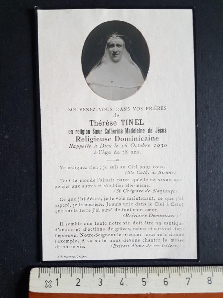 Doodsprentje Zuster Non Thérèse Tinel 1930 Dominicaine, Verzamelen, Bidprentjes en Rouwkaarten, Ophalen of Verzenden, Rouwkaart