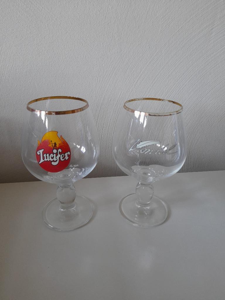 6 oude bierglazen - Lucifer + Vondel - brouwerij RIVA, Verzamelen, Biermerken, Ophalen, Zo goed als nieuw, Glas of Glazen, Overige merken