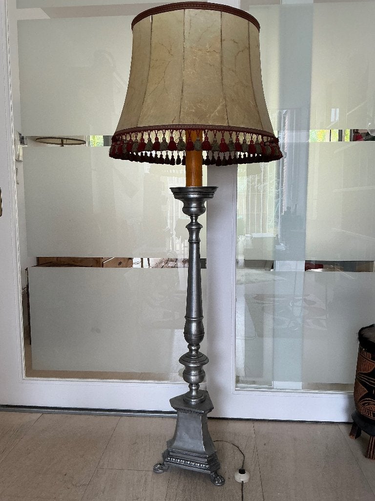 Lampadaire en étain avec abat jour pompon vintage, Maison & Meubles, Lampes | Lampadaires, Vintage, Enlèvement, Utilisé, 100 à 150 cm