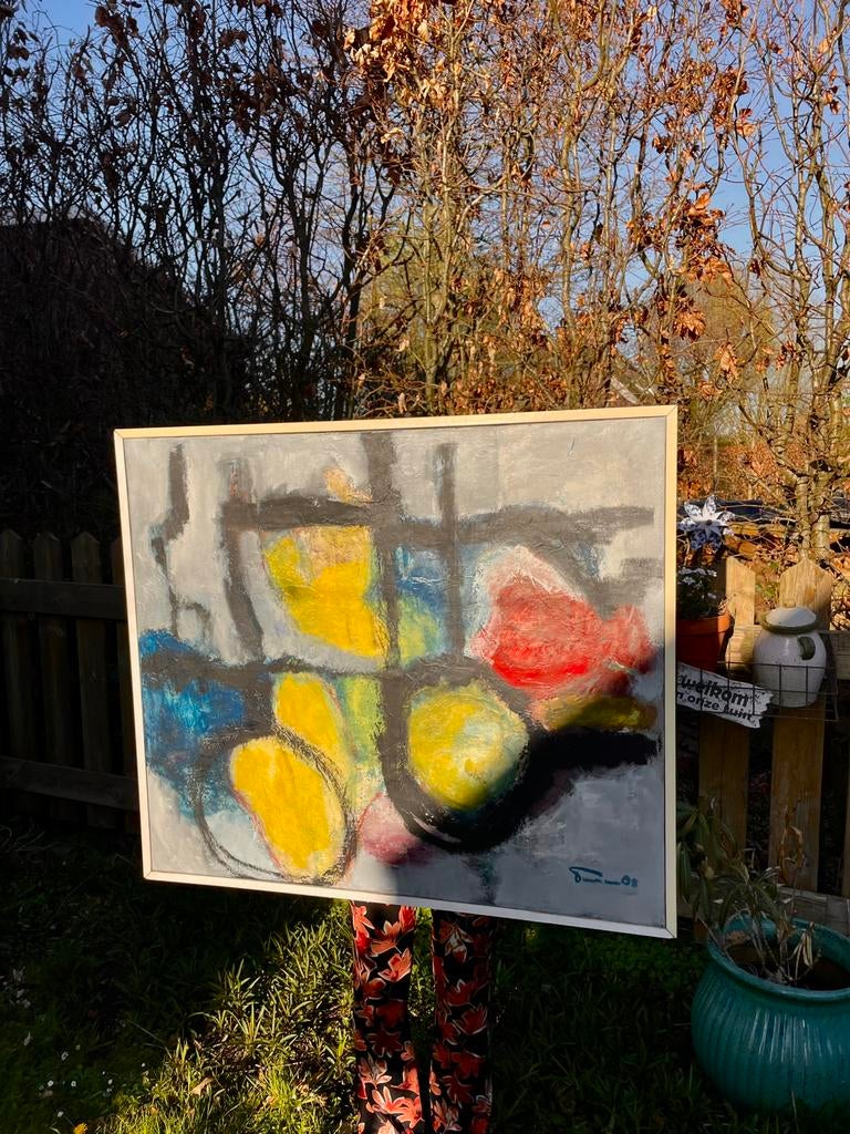 Abstract schilderij vintage design groot! gesigneerd (1985), Ophalen