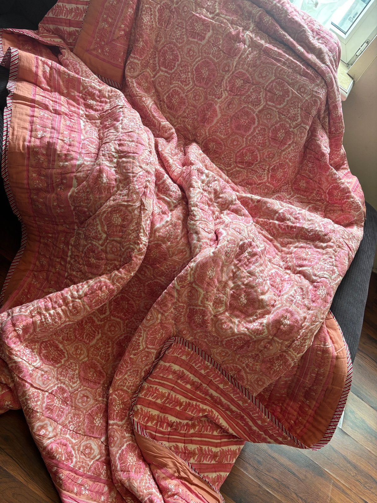 Handgemaakte Jaipuri Handblock Katoenen Omkeerbare Quilt, Katoen, Ophalen of Verzenden, Zo goed als nieuw, Plaid