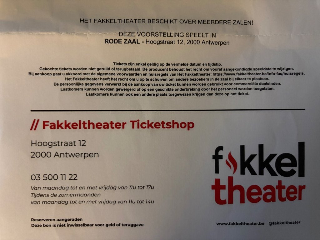 2 tickets toneel “blind date” fakkel theater Antwerpen, Tickets en Kaartjes, Twee personen, Oktober, Toneel