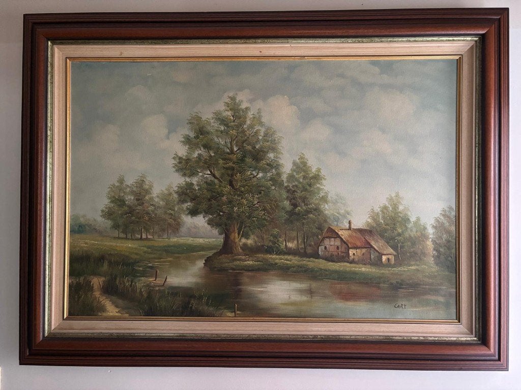 Groot landschapsschilderij met houten kader – 110 x 80 cm, Ophalen, Gesigneerd, Landschap