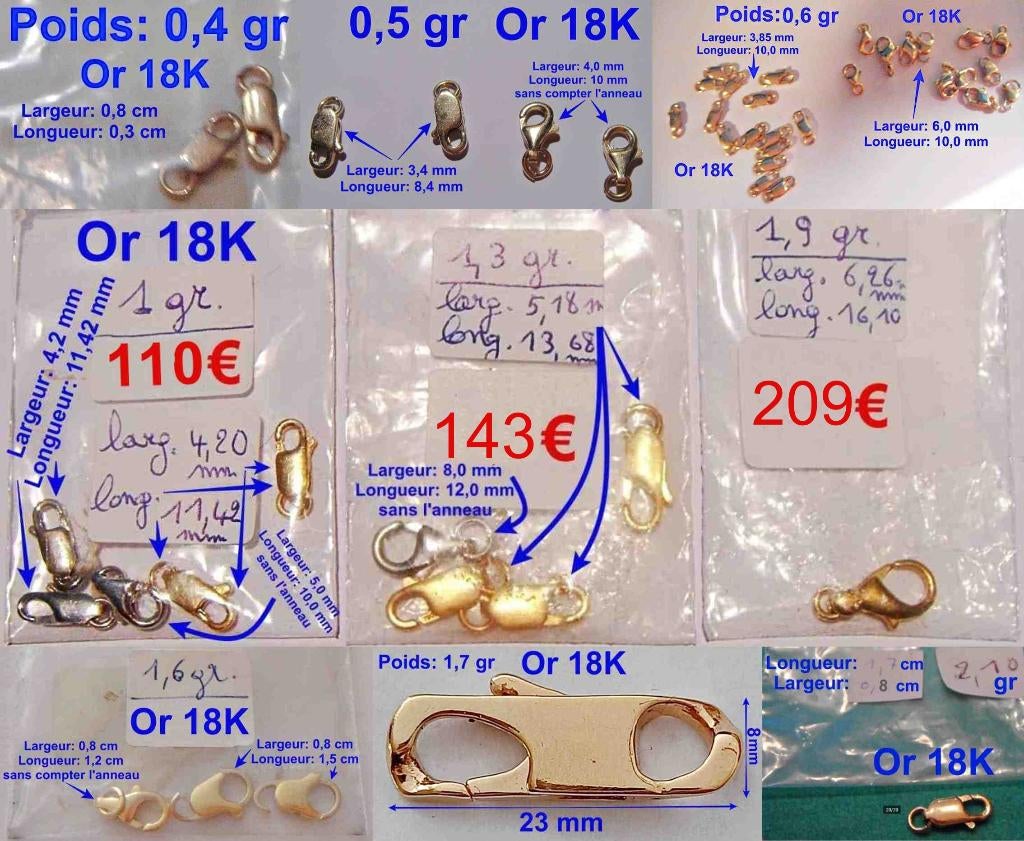 Mousquetons or jaune/blanc 18/9K différentes tailles, neufs, Ophalen of Verzenden, Nieuw, Overige kleuren, Goud