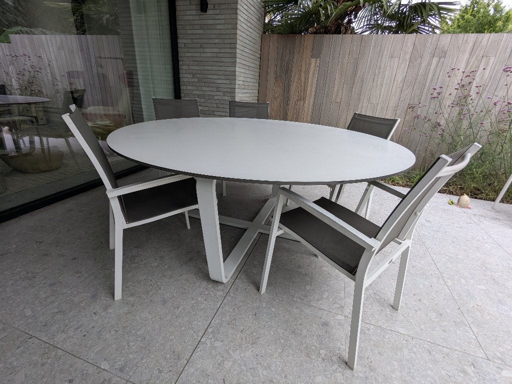 Ronde tuintafel 180 cm trespa Bristol incl 6 tuinstoelen, Tuin en Terras, Ophalen, Gebruikt, Rond, Aluminium